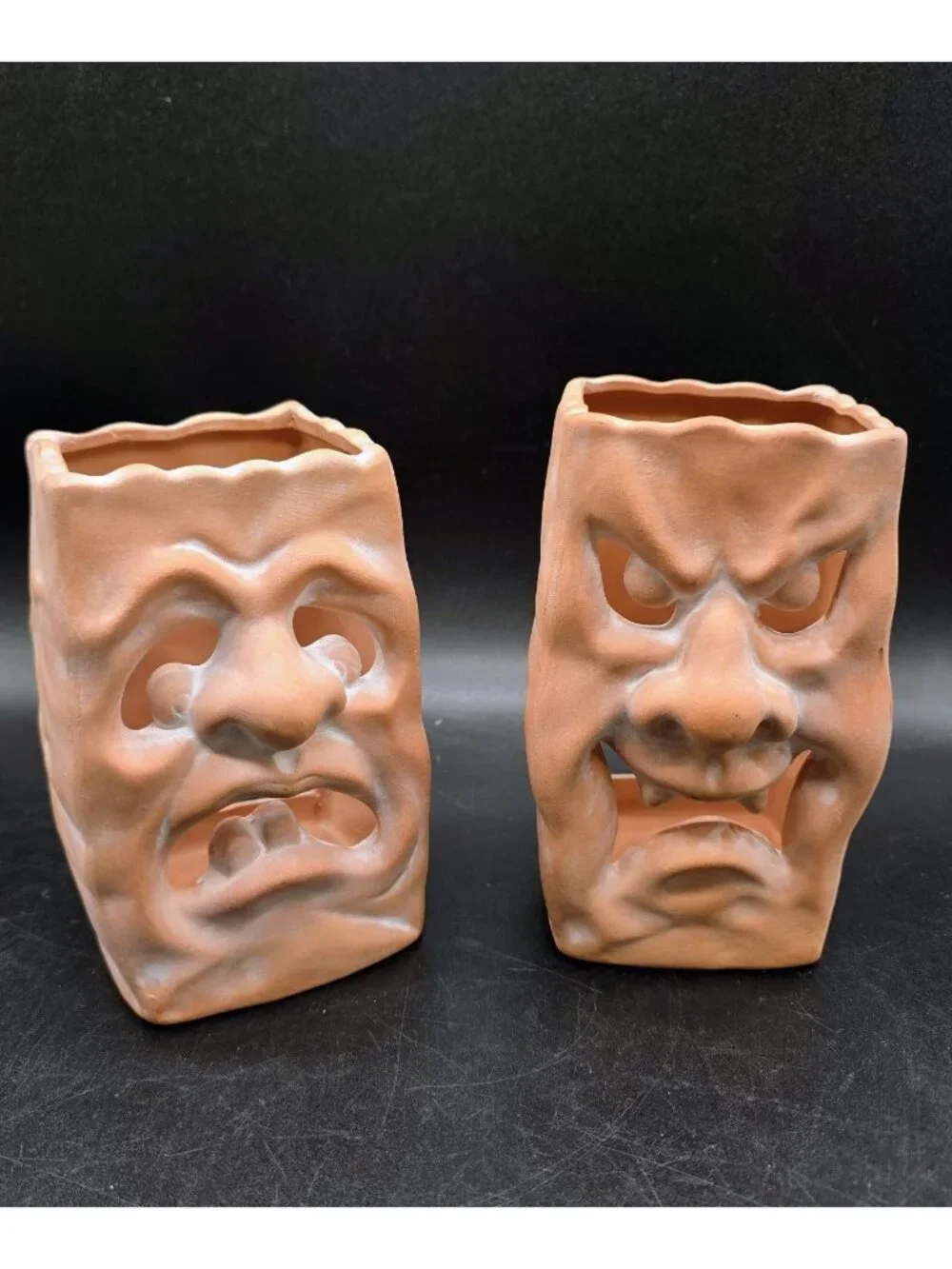 Russ Jack-O-Lantern Terracotta Paper Bag Pumpkin Candleholder Pair Halloween Vtg